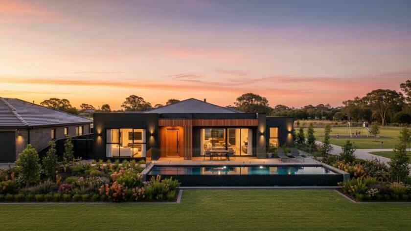 An aerial dusk shot showcasing a modern family home in Tarneit, Victoria, with warm interior lights glowing, perfectly illustrating expert real estate photography Tarneit stunning property listings. The image captures the serene evening ambiance and architectural beauty, designed to attract premium buyers.