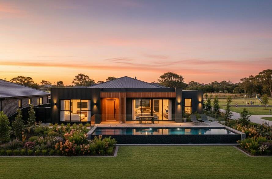 An aerial dusk shot showcasing a modern family home in Tarneit, Victoria, with warm interior lights glowing, perfectly illustrating expert real estate photography Tarneit stunning property listings. The image captures the serene evening ambiance and architectural beauty, designed to attract premium buyers.