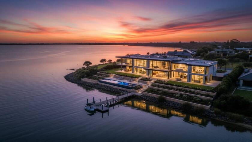 A wide-angle, epic aerial photograph showcasing a luxurious Tooradin coastal home at sunset, with a stunning bay view, capturing the serene lifestyle for expert real estate photography Tooradin coastal homes.