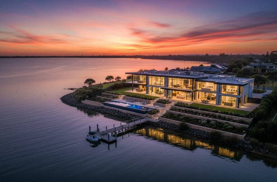 A wide-angle, epic aerial photograph showcasing a luxurious Tooradin coastal home at sunset, with a stunning bay view, capturing the serene lifestyle for expert real estate photography Tooradin coastal homes.