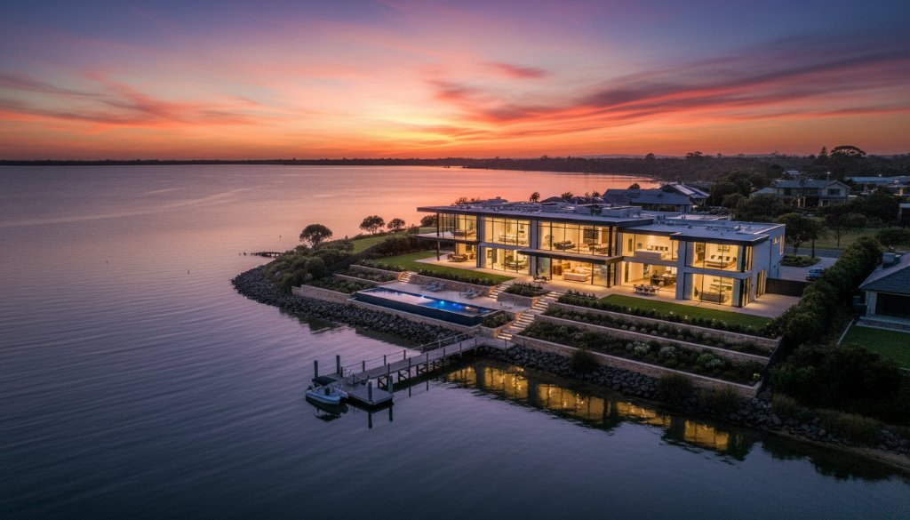 A wide-angle, epic aerial photograph showcasing a luxurious Tooradin coastal home at sunset, with a stunning bay view, capturing the serene lifestyle for expert real estate photography Tooradin coastal homes.