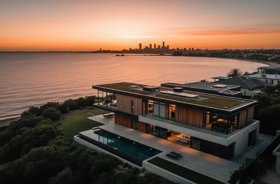 An epic aerial drone shot of a modern Rippleside luxury property at dawn, bathed in golden light as the sun rises over Corio Bay, with the Geelong skyline visible, perfectly illustrating expert Rippleside coastal property photography showcasing Geelong views and waterfront appeal.