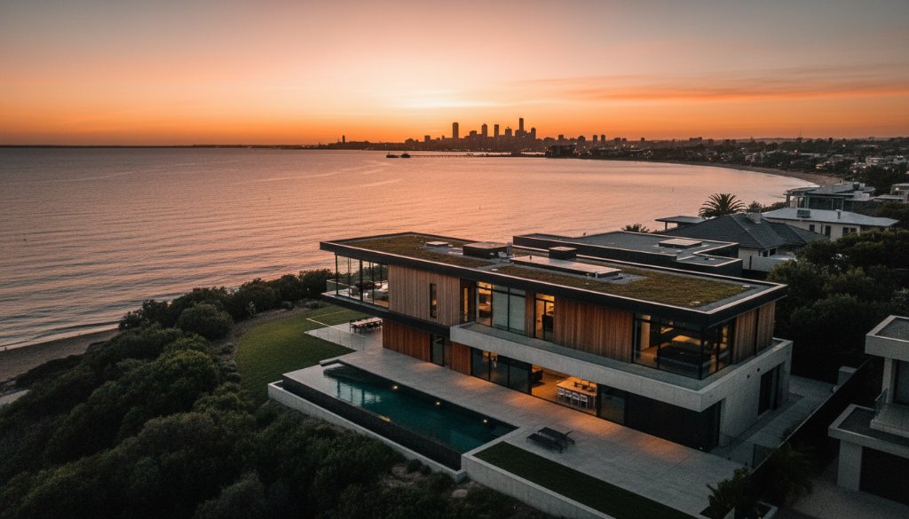 An epic aerial drone shot of a modern Rippleside luxury property at dawn, bathed in golden light as the sun rises over Corio Bay, with the Geelong skyline visible, perfectly illustrating expert Rippleside coastal property photography showcasing Geelong views and waterfront appeal.