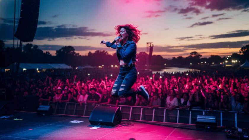 Dynamic wide shot of a band performing at an outdoor Shepparton music festival, featuring an lead guitarist in mid-solo, bathed in dramatic stage lights, with a cheering regional crowd. Expert Shepparton concert photography capturing regional energy.