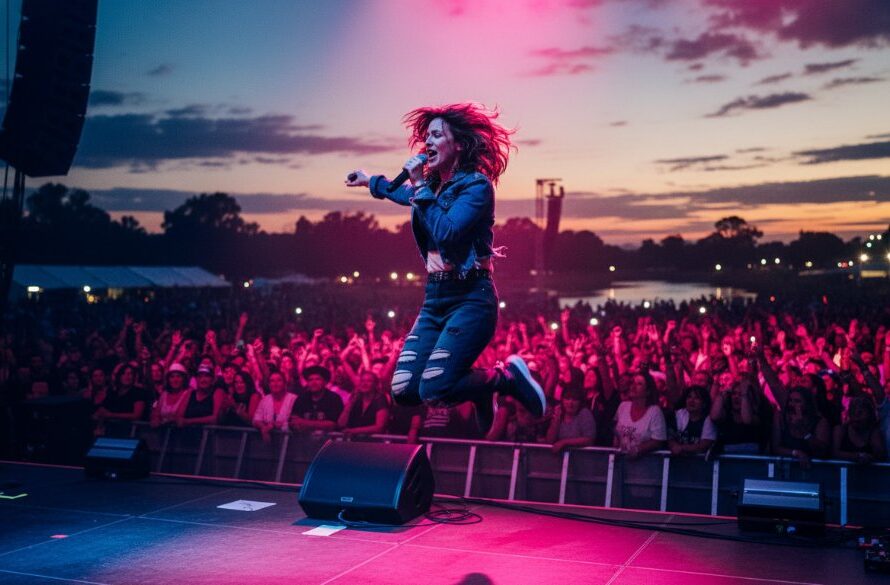 Dynamic wide shot of a band performing at an outdoor Shepparton music festival, featuring an lead guitarist in mid-solo, bathed in dramatic stage lights, with a cheering regional crowd. Expert Shepparton concert photography capturing regional energy.