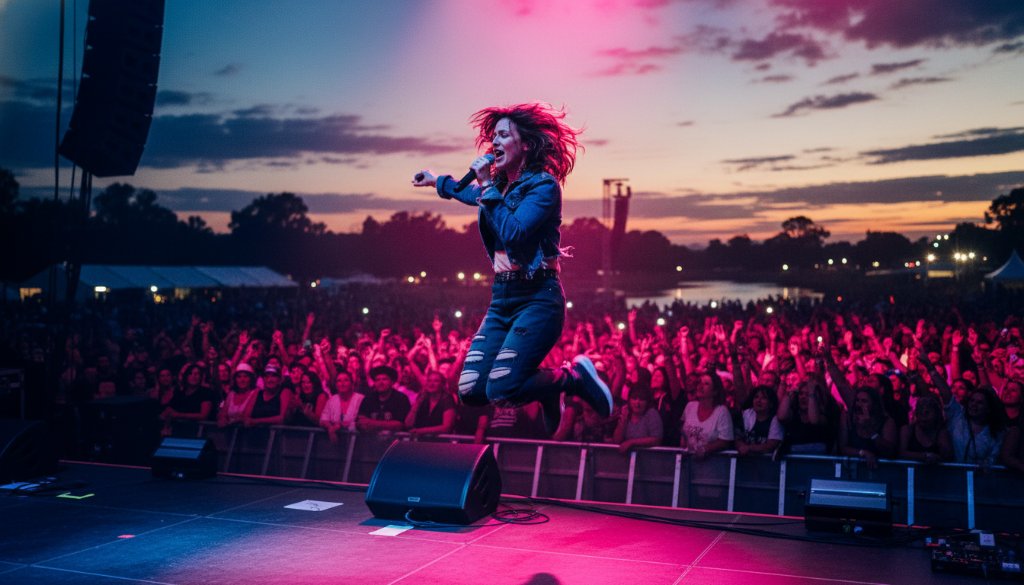 Dynamic wide shot of a band performing at an outdoor Shepparton music festival, featuring an lead guitarist in mid-solo, bathed in dramatic stage lights, with a cheering regional crowd. Expert Shepparton concert photography capturing regional energy.