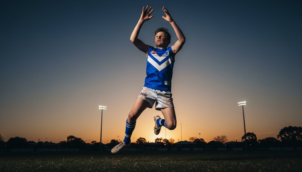 An expert sports photography Melton South junior footy moment: a young player in mid-air, kicking a football with intense focus, under dramatic stadium lights at sunset, capturing the raw emotion and athleticism.