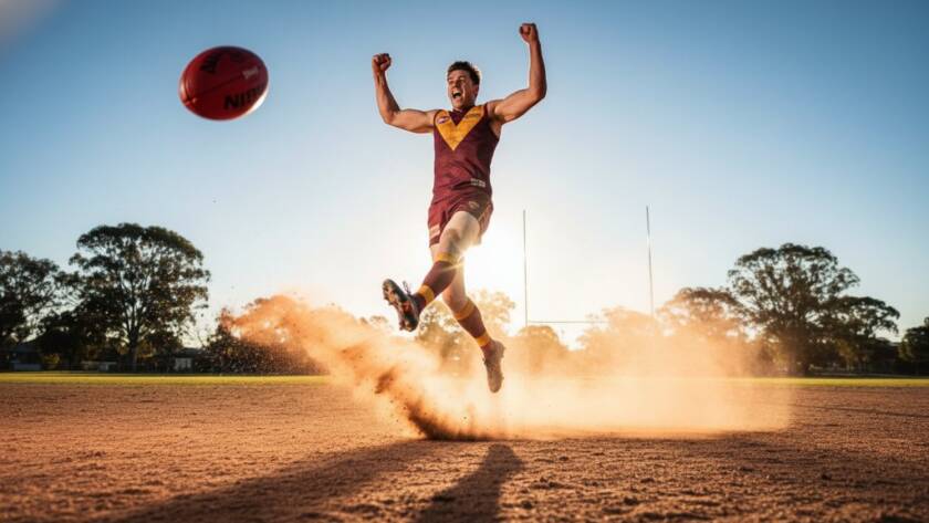 An epic moment captured through expert sports photography Seaford Victoria, showing a triumphant Australian Rules Football athlete mid-air, having just kicked a goal, silhouetted against a dramatic golden hour sky at a local Seaford oval.