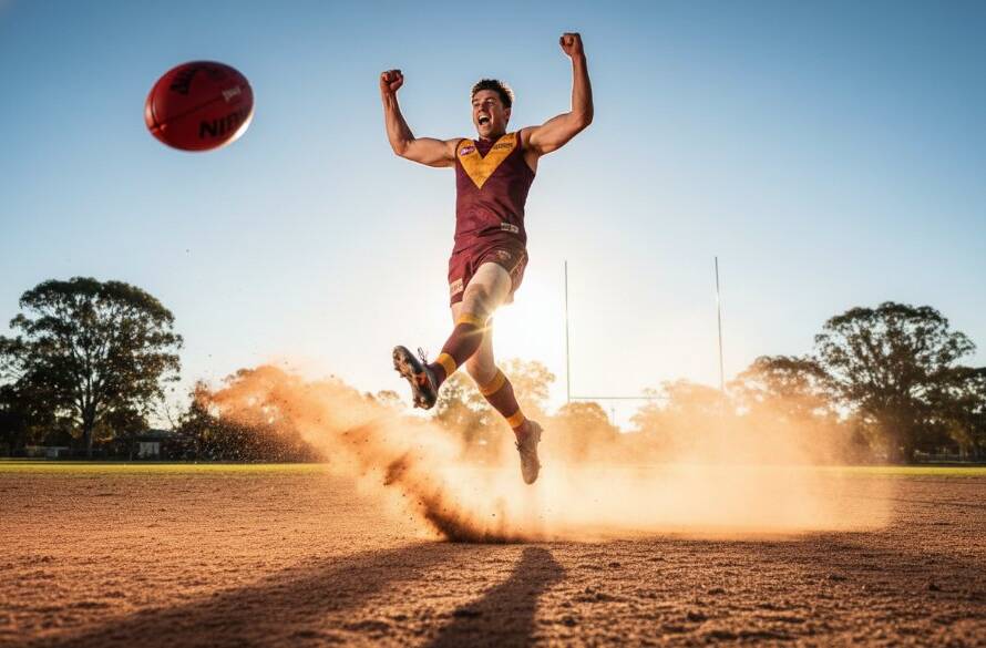 An epic moment captured through expert sports photography Seaford Victoria, showing a triumphant Australian Rules Football athlete mid-air, having just kicked a goal, silhouetted against a dramatic golden hour sky at a local Seaford oval.