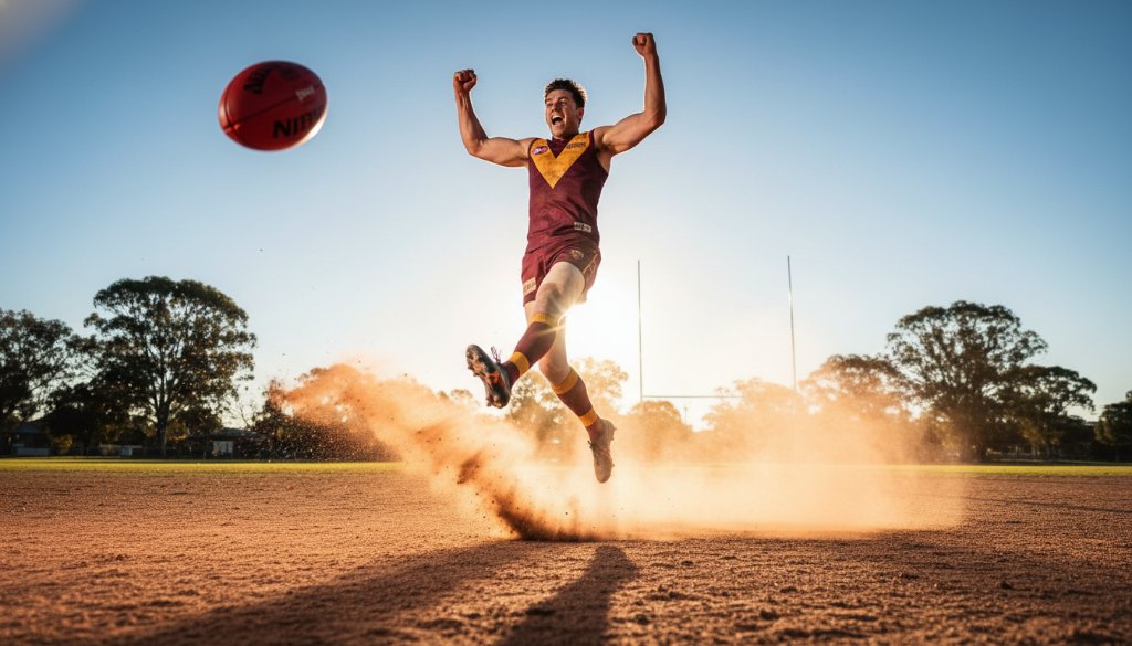 An epic moment captured through expert sports photography Seaford Victoria, showing a triumphant Australian Rules Football athlete mid-air, having just kicked a goal, silhouetted against a dramatic golden hour sky at a local Seaford oval.