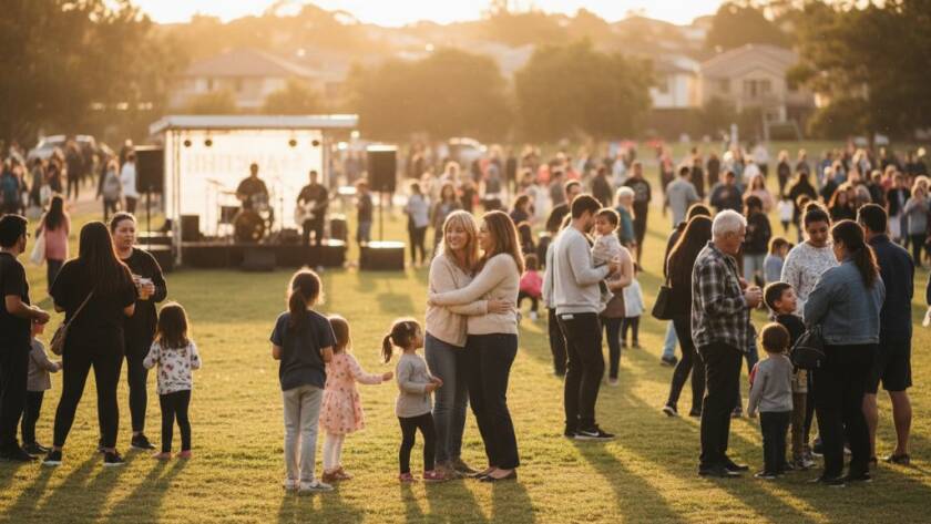 An expert St Albans event photography for local celebrations, capturing a vibrant community festival moment at Errington Reserve, with diverse families laughing under warm afternoon light, showcasing authentic joy and local spirit.