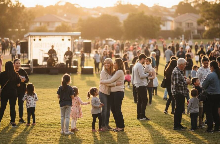An expert St Albans event photography for local celebrations, capturing a vibrant community festival moment at Errington Reserve, with diverse families laughing under warm afternoon light, showcasing authentic joy and local spirit.
