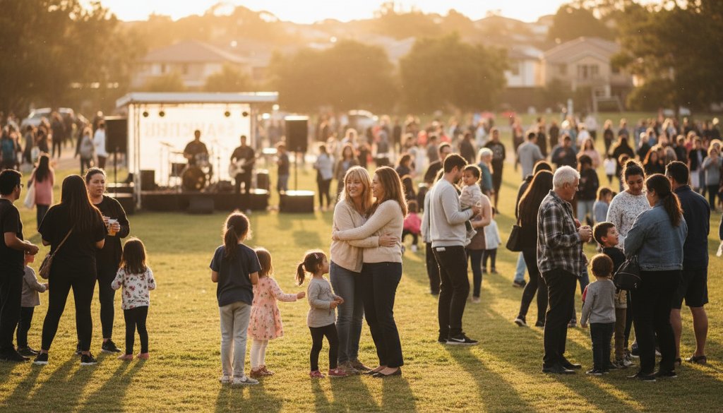 An expert St Albans event photography for local celebrations, capturing a vibrant community festival moment at Errington Reserve, with diverse families laughing under warm afternoon light, showcasing authentic joy and local spirit.