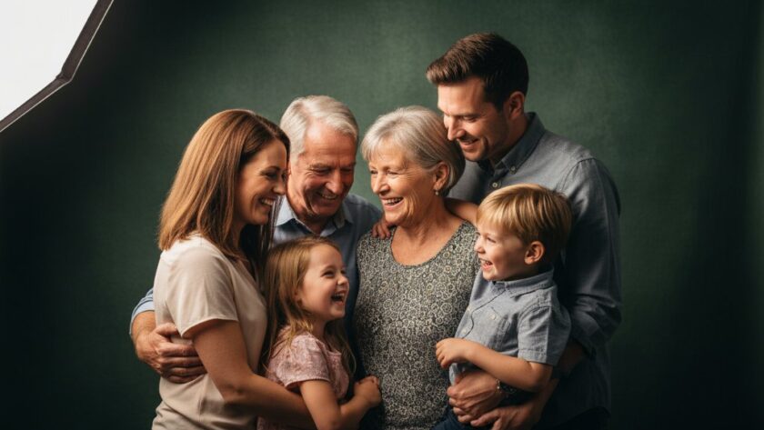Dramatic, emotionally charged studio portrait captured through expert studio photography Orbost for cherished family portraits, featuring a multi-generational Australian family embracing warmly, bathed in soft, ethereal light against a minimalist backdrop, highlighting their genuine connection and joy.
