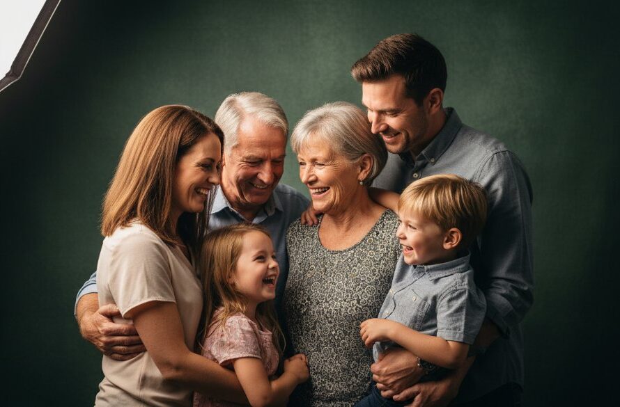 Dramatic, emotionally charged studio portrait captured through expert studio photography Orbost for cherished family portraits, featuring a multi-generational Australian family embracing warmly, bathed in soft, ethereal light against a minimalist backdrop, highlighting their genuine connection and joy.