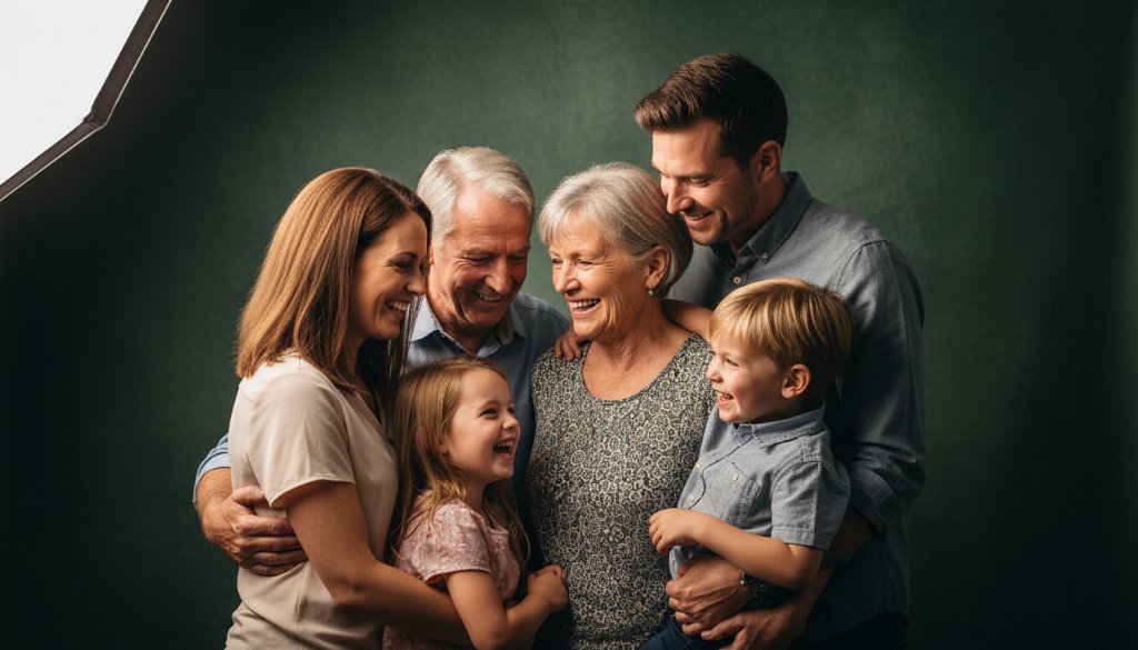 Dramatic, emotionally charged studio portrait captured through expert studio photography Orbost for cherished family portraits, featuring a multi-generational Australian family embracing warmly, bathed in soft, ethereal light against a minimalist backdrop, highlighting their genuine connection and joy.