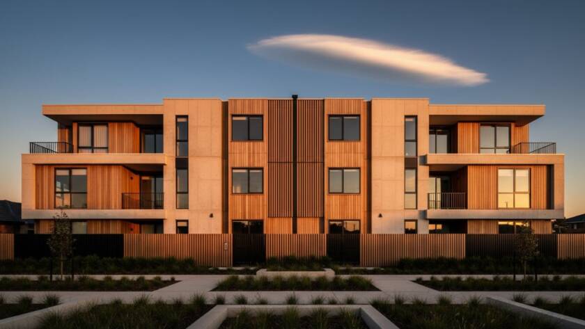 A dramatic wide-angle shot showcasing a modern, geometrically striking building in Sydenham, Victoria, bathed in the golden hour light, reflecting the sky. This exemplifies expert Sydenham Victoria architectural photography, highlighting its sharp lines and contemporary design.
