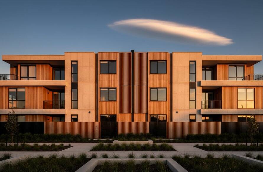 A dramatic wide-angle shot showcasing a modern, geometrically striking building in Sydenham, Victoria, bathed in the golden hour light, reflecting the sky. This exemplifies expert Sydenham Victoria architectural photography, highlighting its sharp lines and contemporary design.