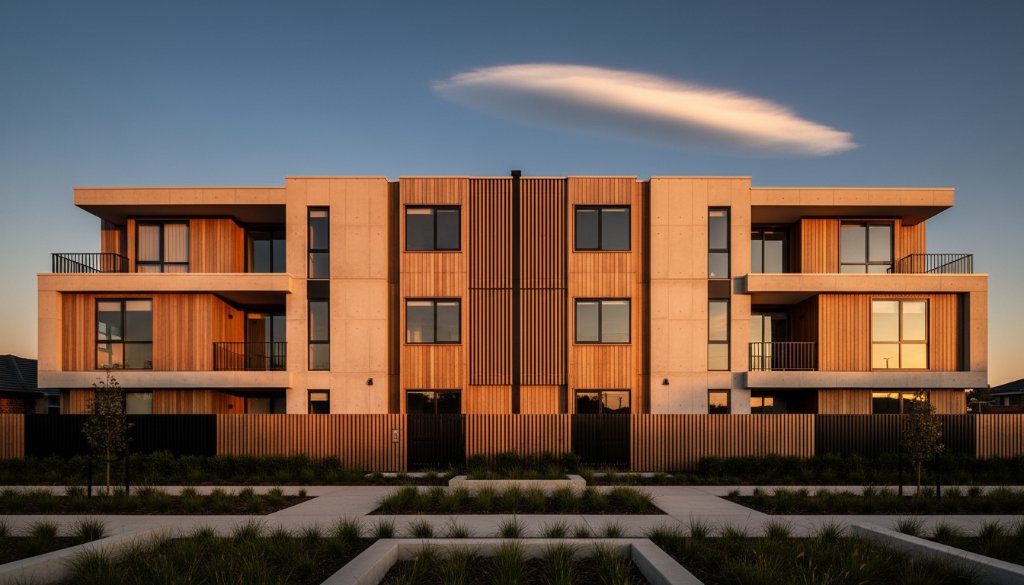 A dramatic wide-angle shot showcasing a modern, geometrically striking building in Sydenham, Victoria, bathed in the golden hour light, reflecting the sky. This exemplifies expert Sydenham Victoria architectural photography, highlighting its sharp lines and contemporary design.