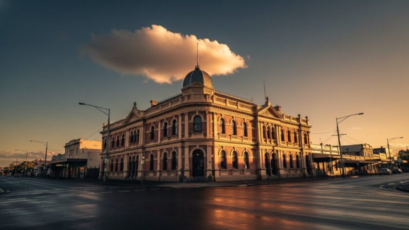 Dramatic wide-angle shot showcasing expert Traralgon Victoria architectural photography, featuring the historic Traralgon Post Office at dusk, illuminated with warm interior lights and a deep blue sky, professional colour grading.