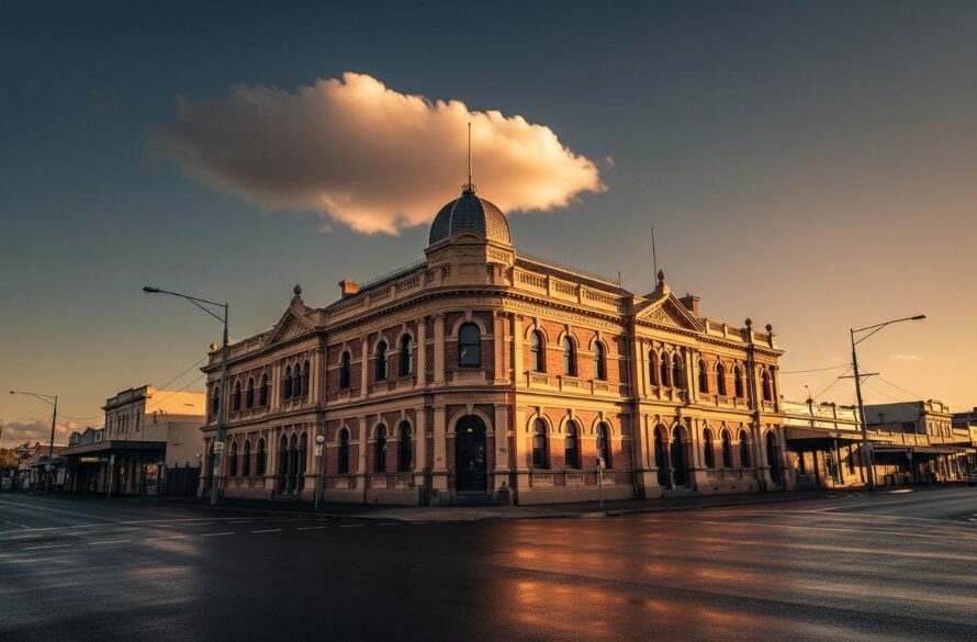 Dramatic wide-angle shot showcasing expert Traralgon Victoria architectural photography, featuring the historic Traralgon Post Office at dusk, illuminated with warm interior lights and a deep blue sky, professional colour grading.