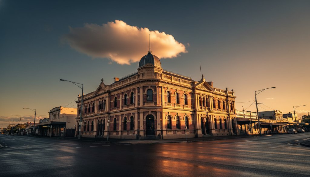 Dramatic wide-angle shot showcasing expert Traralgon Victoria architectural photography, featuring the historic Traralgon Post Office at dusk, illuminated with warm interior lights and a deep blue sky, professional colour grading.