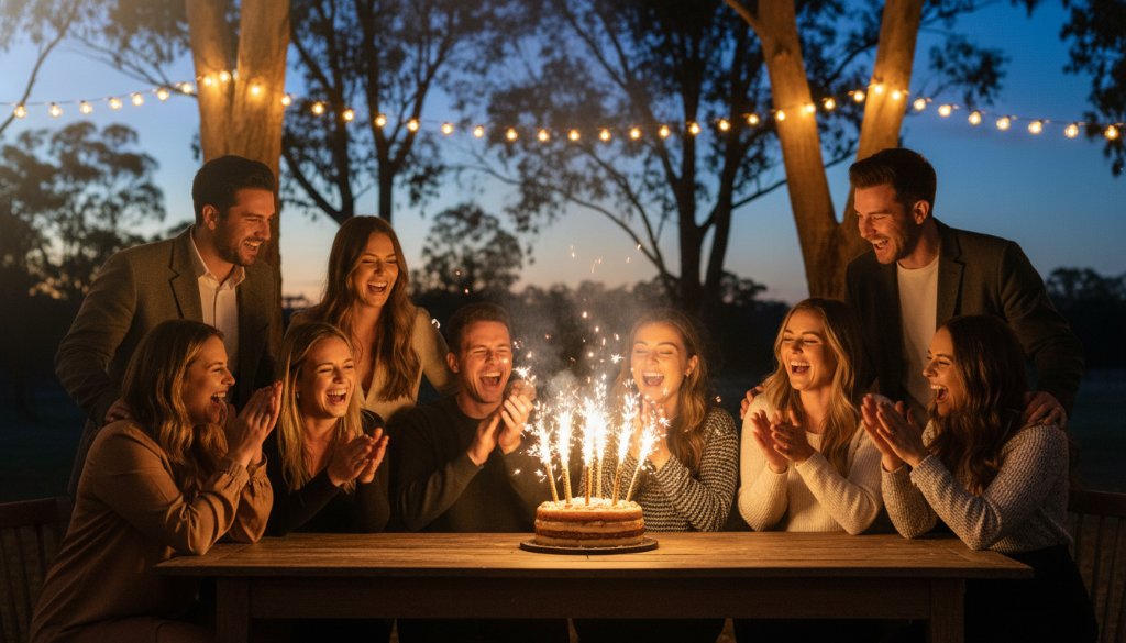 A wide shot capturing an epic, joyous moment of friends dancing under sparkling fairy lights at an outdoor celebration in Skye, Victoria, perfectly showcasing expert vibrant party photography Skye Victoria.