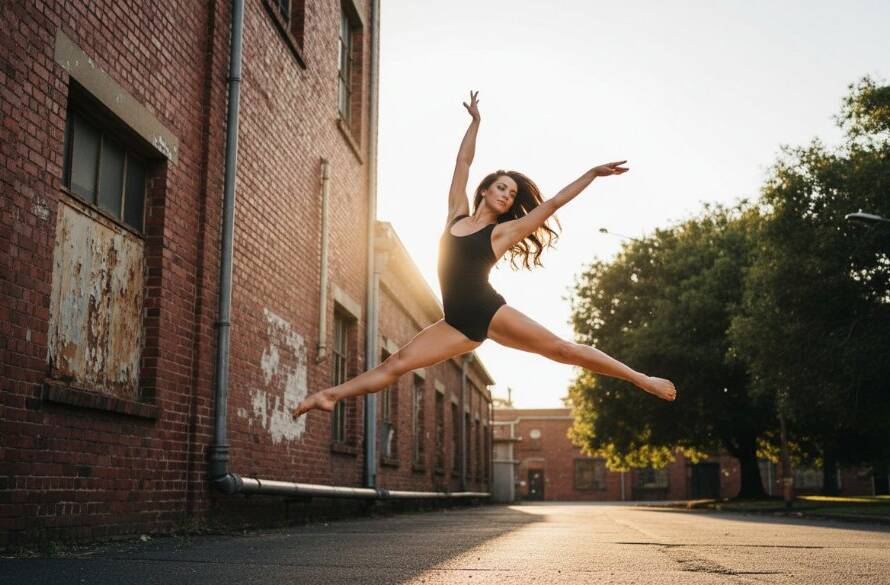 An epic moment from Expressive Berwick Dance Photography Sessions featuring a dancer mid-leap, silhouetted against a dramatic sunset over Berwick's scenic landscape, capturing powerful movement and emotion with professional lighting.