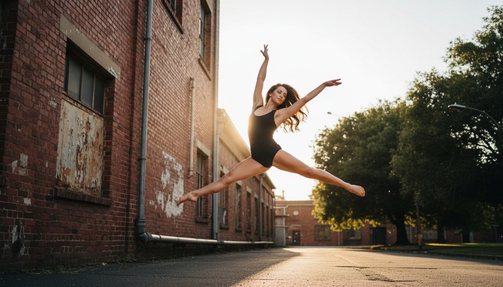 An epic moment from Expressive Berwick Dance Photography Sessions featuring a dancer mid-leap, silhouetted against a dramatic sunset over Berwick's scenic landscape, capturing powerful movement and emotion with professional lighting.
