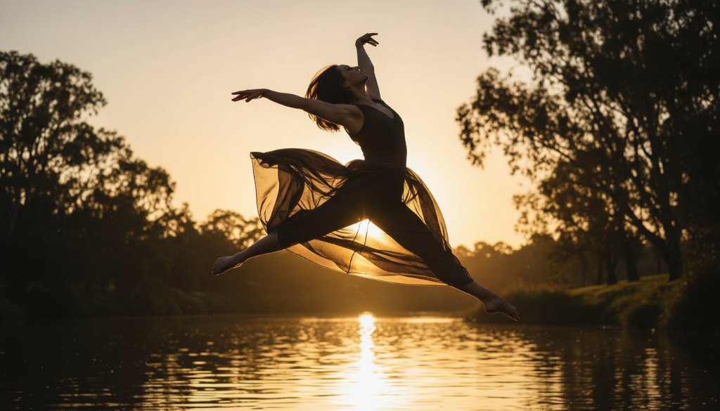 A stunning, low-angle, wide shot of a female contemporary dancer in mid-air, silhouetted against a dramatic sunset over the Yarra River in Bulleen, showcasing expressive contemporary dance photography Bulleen with dynamic motion and vibrant colour, captured at the golden hour.