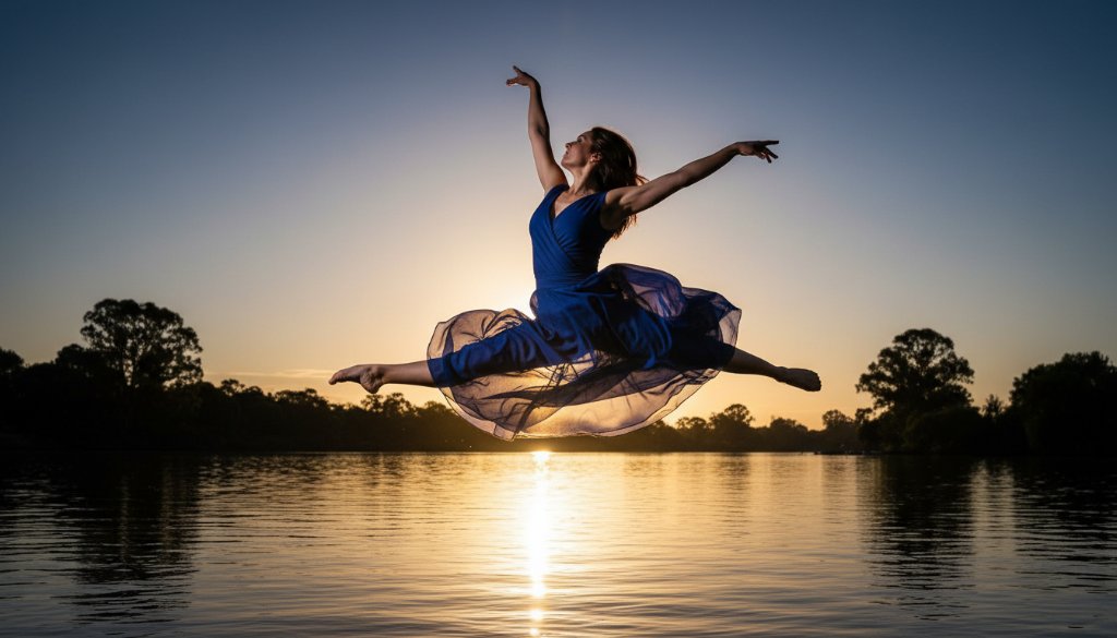An epic moment of expressive contemporary dance photography Mooroopna, featuring a dancer mid-leap against a dramatic sunset sky over the Goulburn River, capturing raw emotion and dynamic movement with professional lighting and colour grading.