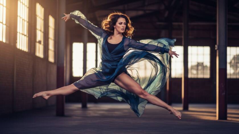An epic moment of expressive contemporary dance photography Sunshine West, featuring a dancer mid-leap against an urban backdrop, with dramatic lighting highlighting their powerful form.