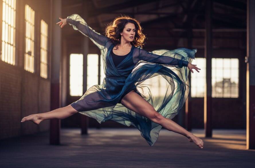 An epic moment of expressive contemporary dance photography Sunshine West, featuring a dancer mid-leap against an urban backdrop, with dramatic lighting highlighting their powerful form.