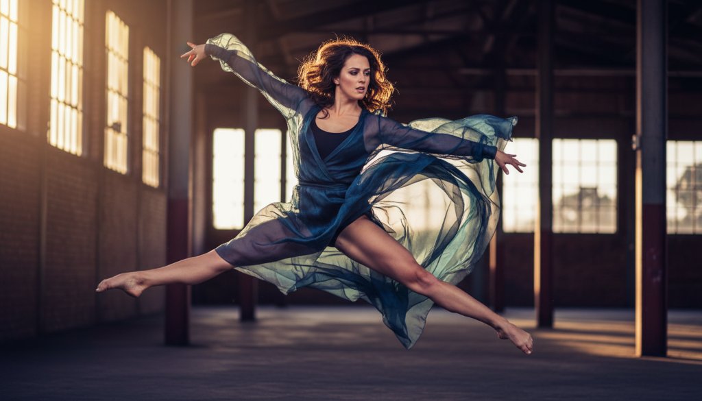 An epic moment of expressive contemporary dance photography Sunshine West, featuring a dancer mid-leap against an urban backdrop, with dramatic lighting highlighting their powerful form.