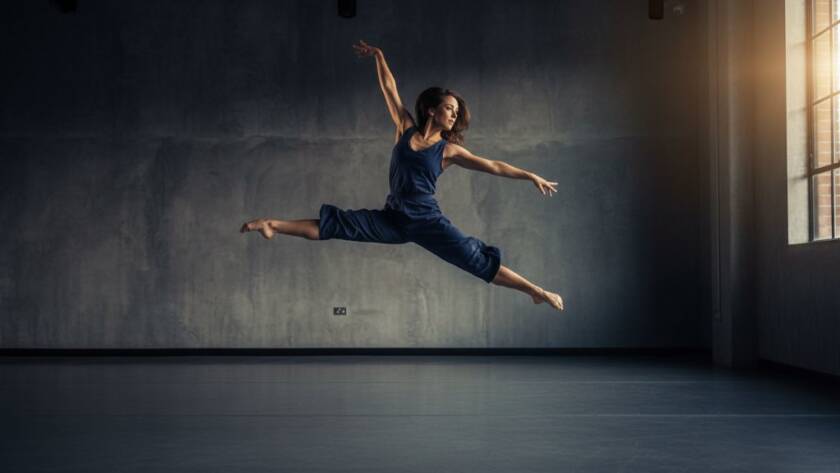 A dynamic, epic moment captured in Expressive Dance Photography Blackburn South Studio, featuring a dancer mid-leap, silhouetted against dramatic lighting, showcasing powerful movement and grace.