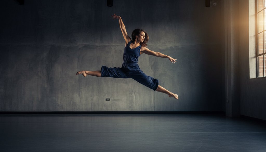 A dynamic, epic moment captured in Expressive Dance Photography Blackburn South Studio, featuring a dancer mid-leap, silhouetted against dramatic lighting, showcasing powerful movement and grace.