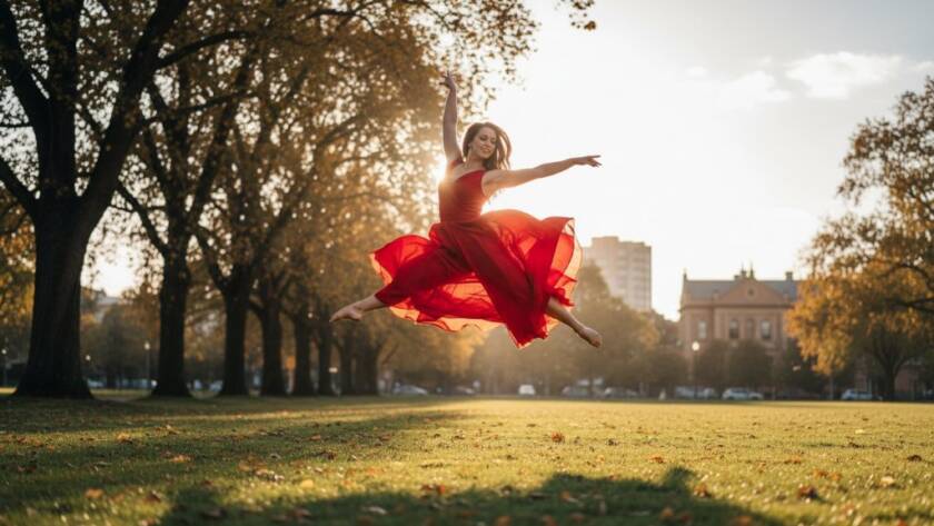 A breathtaking shot of a dancer mid-leap, silhouetted against a dramatic sunset glow over a park in Caulfield South, showcasing expressive dance photography Caulfield South artistry with powerful movement and stunning light. Professional, color-graded cinematic style.