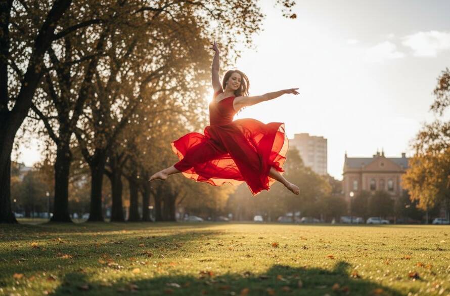 A breathtaking shot of a dancer mid-leap, silhouetted against a dramatic sunset glow over a park in Caulfield South, showcasing expressive dance photography Caulfield South artistry with powerful movement and stunning light. Professional, color-graded cinematic style.