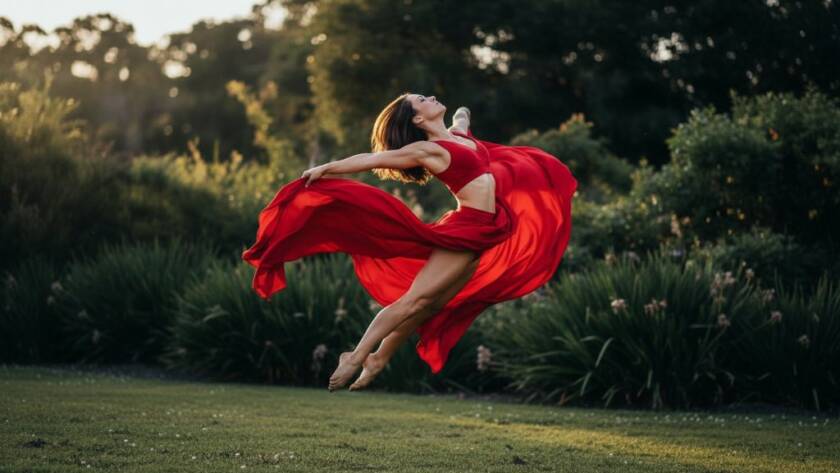 An epic moment of expressive dance photography in Croydon North capturing local artistry, showing a dancer mid-air with dramatic backlighting at a local studio or performance space, evoking power and grace.