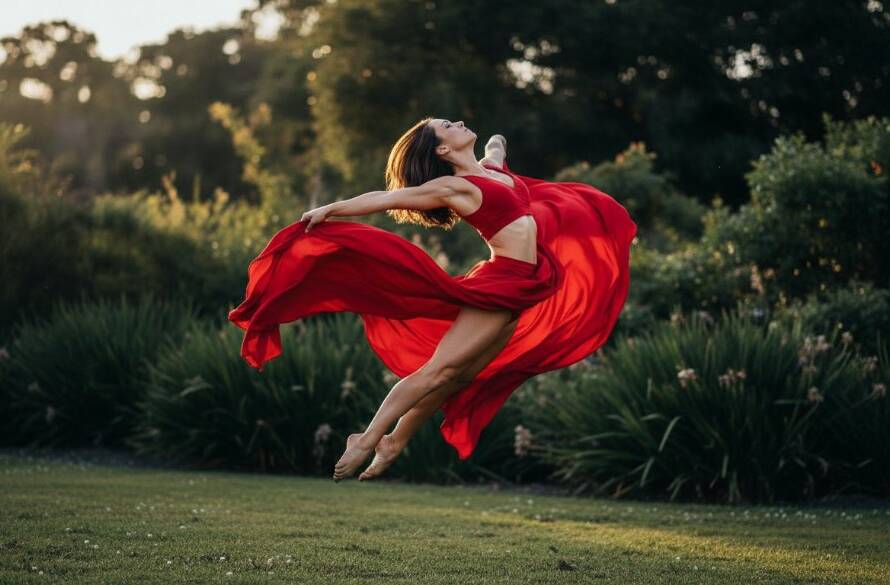 An epic moment of expressive dance photography in Croydon North capturing local artistry, showing a dancer mid-air with dramatic backlighting at a local studio or performance space, evoking power and grace.