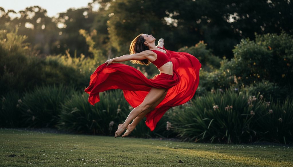 An epic moment of expressive dance photography in Croydon North capturing local artistry, showing a dancer mid-air with dramatic backlighting at a local studio or performance space, evoking power and grace.
