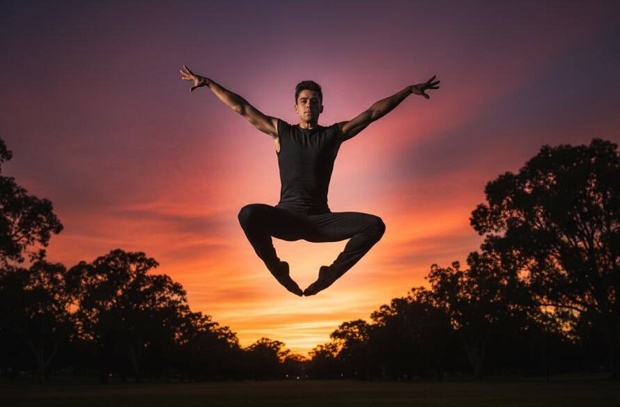 An expressive dance photography Kealba Victoria image of a male contemporary dancer mid-air in a powerful leap, silhouetted against a dramatic sunset over a serene park in Kealba, capturing an epic moment of passion and grace with professional color grading.