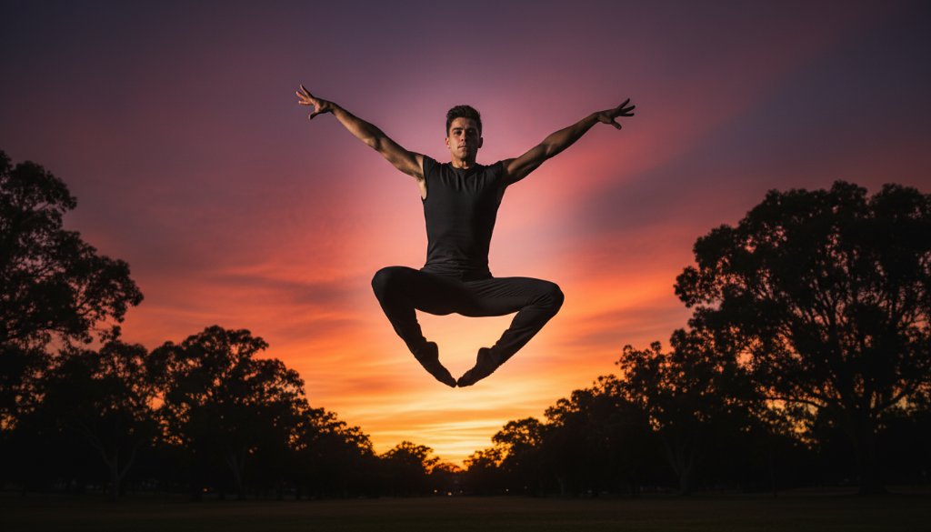 An expressive dance photography Kealba Victoria image of a male contemporary dancer mid-air in a powerful leap, silhouetted against a dramatic sunset over a serene park in Kealba, capturing an epic moment of passion and grace with professional color grading.