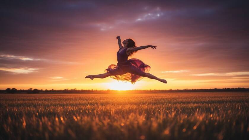 A professional photograph showcasing Expressive Dance Photography Keilor Park Victoria, with a female contemporary dancer suspended mid-air in an elegant leap, silhouetted against a dramatic sunset over a local Keilor Park open field, capturing an epic moment of grace and power.