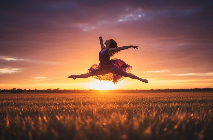 A professional photograph showcasing Expressive Dance Photography Keilor Park Victoria, with a female contemporary dancer suspended mid-air in an elegant leap, silhouetted against a dramatic sunset over a local Keilor Park open field, capturing an epic moment of grace and power.