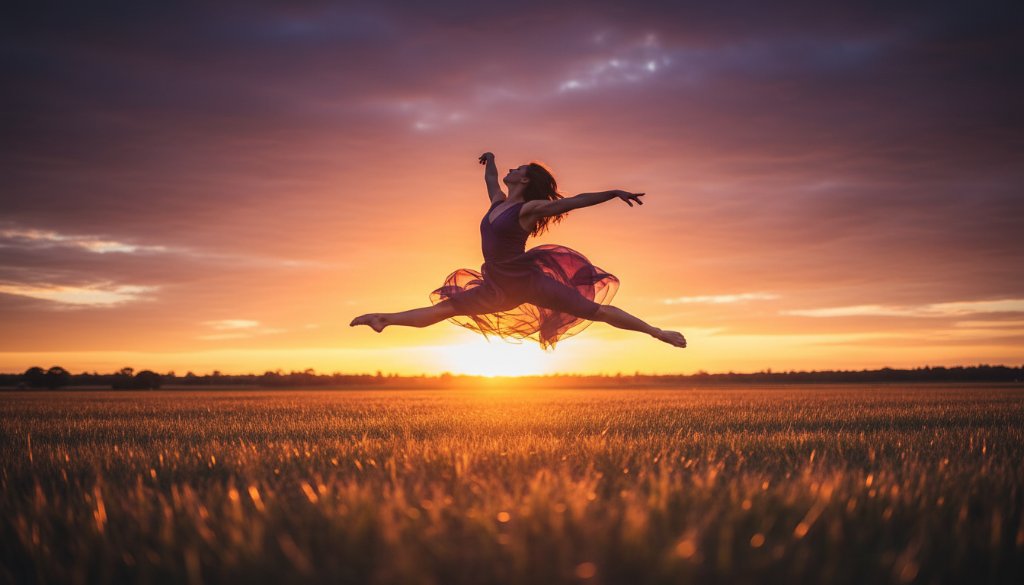 A professional photograph showcasing Expressive Dance Photography Keilor Park Victoria, with a female contemporary dancer suspended mid-air in an elegant leap, silhouetted against a dramatic sunset over a local Keilor Park open field, capturing an epic moment of grace and power.