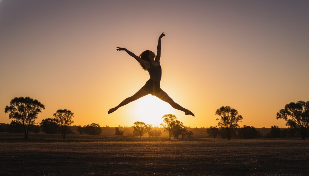 A dynamic female dancer performing a powerful leap at sunset in a rustic Kurunjang outdoor setting, captured with dramatic backlighting, embodying expressive dance photography Kurunjang Victoria.