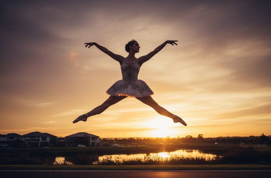 Dynamic shot of a dancer leaping gracefully against the twilight sky over Manor Lakes, Victoria, showcasing expressive dance photography Manor Lakes Victoria with dramatic lighting and vibrant movement.