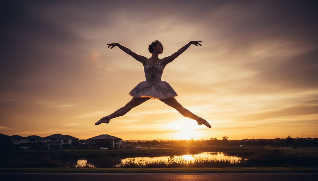 Dynamic shot of a dancer leaping gracefully against the twilight sky over Manor Lakes, Victoria, showcasing expressive dance photography Manor Lakes Victoria with dramatic lighting and vibrant movement.