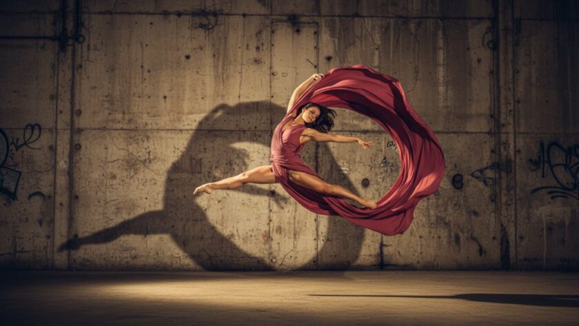 An elegant dancer in a dramatic, dynamic pose, mid-air leap against a moody, deep blue backdrop, expertly captured through expressive dance photography North Geelong studio techniques, showcasing powerful movement and emotion with professional lighting.